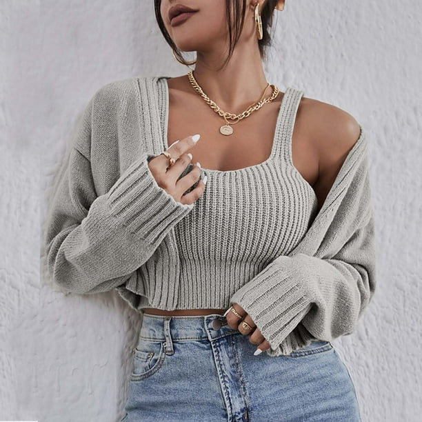 Conjunto de Tops Para Mujer Tops Cortos de Manga Larga Sueter de Punto Informal Chaqueta Top de Punto Con Tirantes Para Otono E Invierno Odeerbi ODB175662 Walmart en linea
