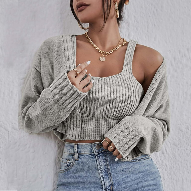 YWDJ Two Piece Outfits for Women Going out Plus Size Casual Knit Sweater  Jacket And Knit Sling Autumn Winter Top Gray S 