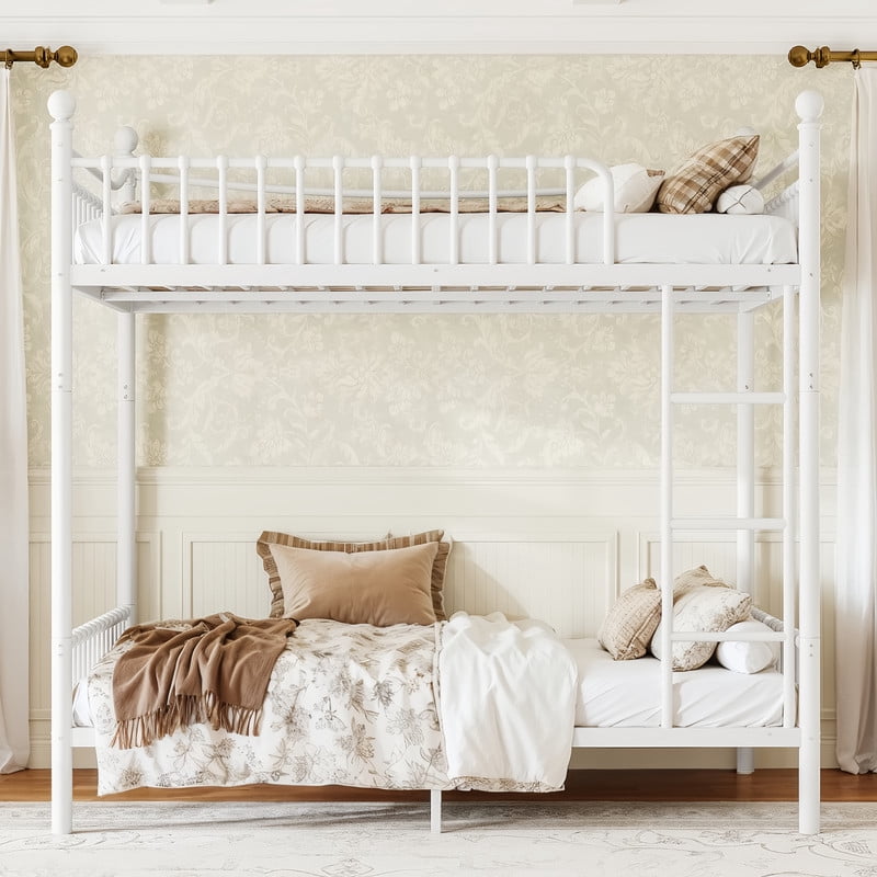 Full over Full Metal Bunk Bed with Curved Guardrail, Round Tube Bedpost Detachable Bed Frame for Kids, Teens & Adults