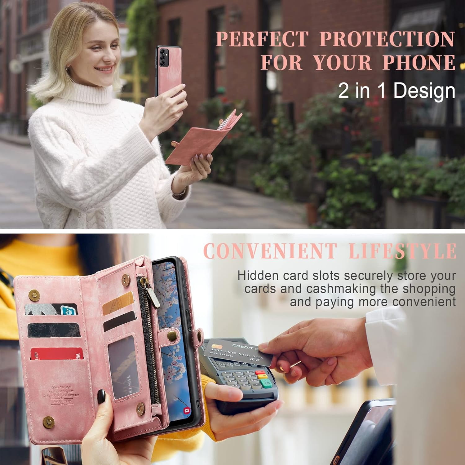 Phone Case for Samsung Galaxy A14 5G Zipper Wallet Detachable Cover with Tempered Glass Screen Protector and Leather Flip Credit Cash Card Holder Cell Accessories A 14 4G 14A G5 Women Men Pink
