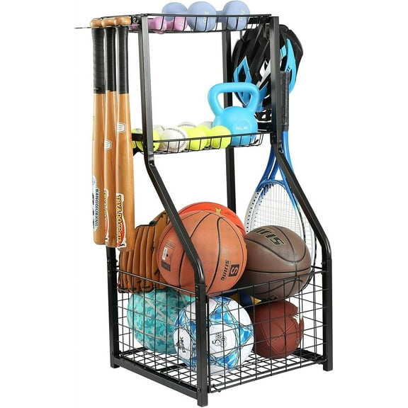 Sports Equipment Organizer for Garage Organization,Ball Storage With Basketball Holder and Ball Cart Rack,Outdoor Toy Storage with Bin for Nerf Gun,Football,Volleyball Stuf,Gym Accessories