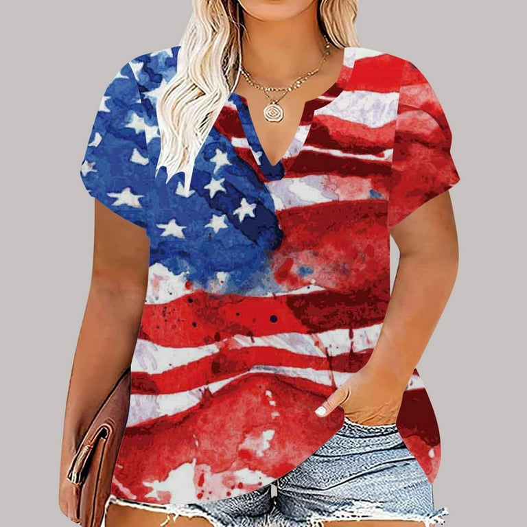 Women T-Shirts Loose Large Size Independence Day Printed Short Sleeve  V-Neck T-Shirt Leisure Outdoor Steetwear Female Dailywear