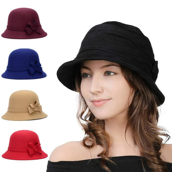 Yirtree Vintage Felt Cloche Hat Winter Floral Fedora Bucket Hat Bowler Hats Solid Color Comfortable Faux Wool Wide Brim Hat for Tea party