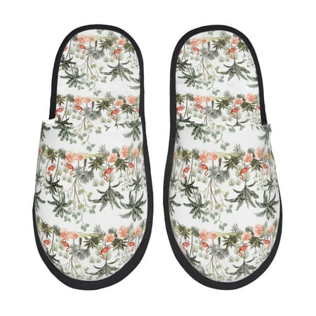 

Noikeo Flamingo Palm Trees Pattern Cozy Slippers Indoor for Women and Mens Fuzzy House Shoes Soft Plush Warm Slip-on Slippers-Medium