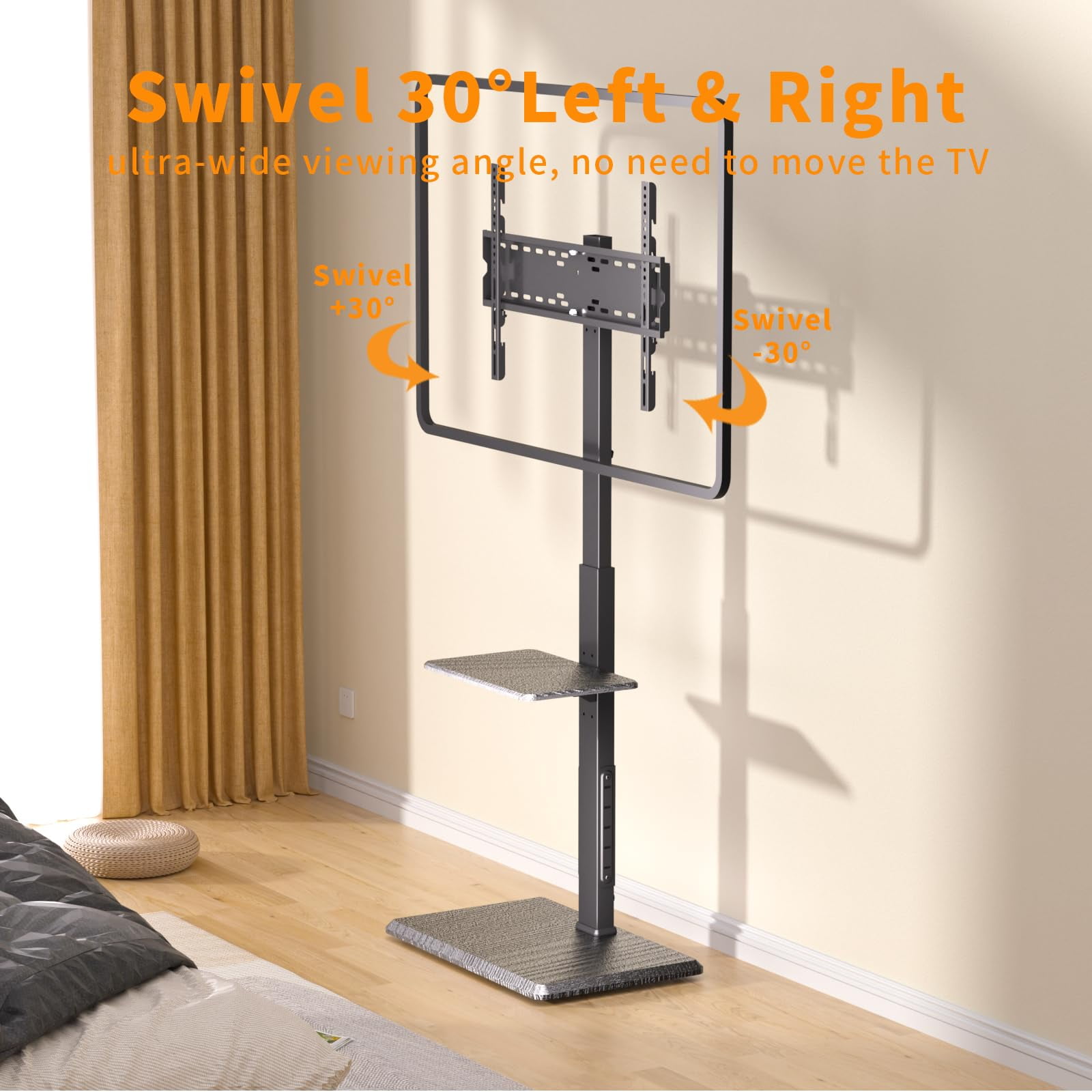 Afaloona Universal Floor TV Stand, TV Floor Mount Stand with Power Outlet & Removable Shelf for 32-75 inch TV up to 110 lbs, Swivel and Height Adjustable Tall TV Stand for Bedroom