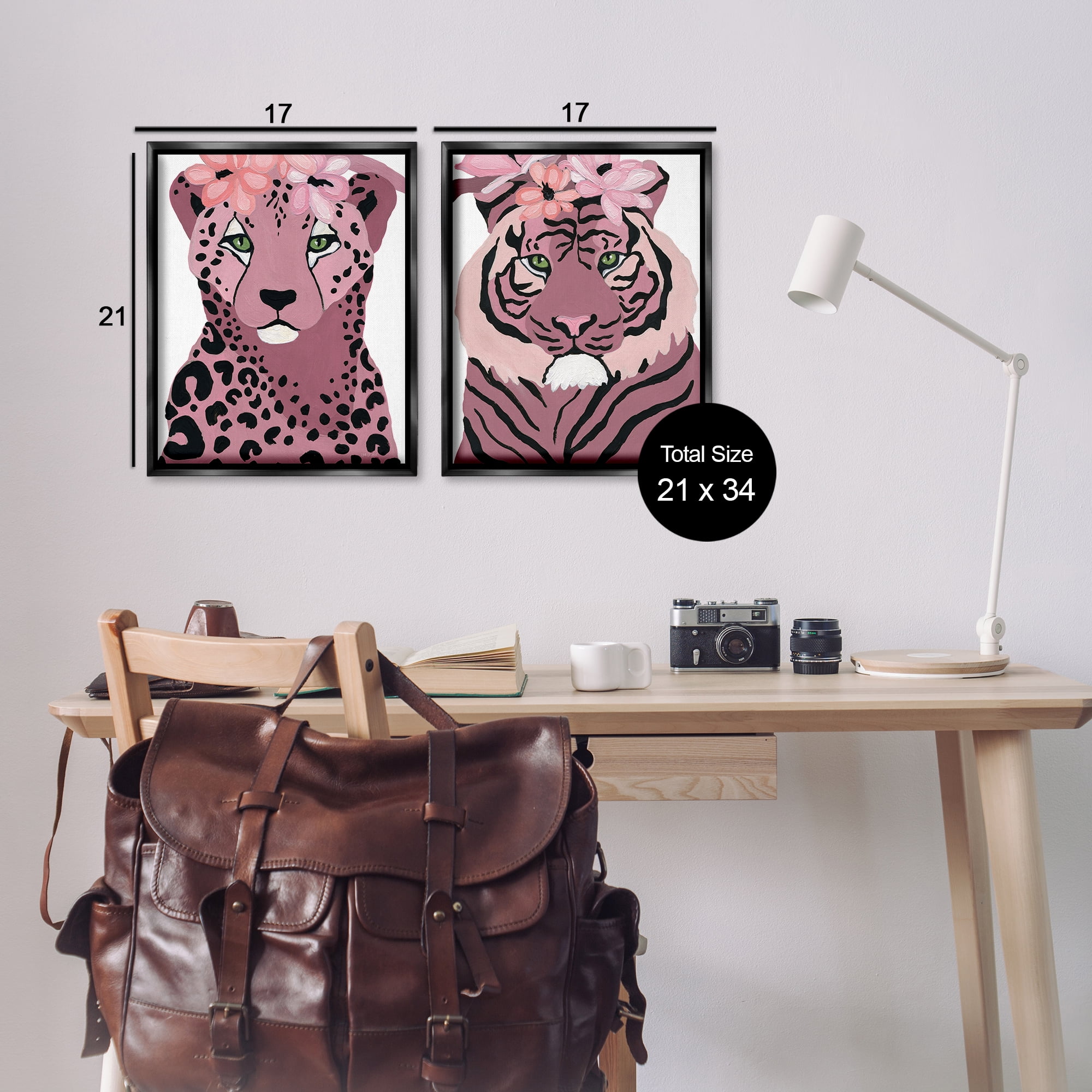 Stupell Industries Floral Cheetah Tiger Animals Painting Black Floater Framed Canvas Art Print Wall Art, 17 x 21, Set of 2
