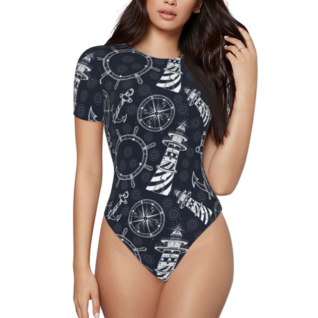 Fotbe Anchor and Lighthouse Body de Mujer con Cuello Redondo y Mangas Cortas, Sin Mangas Ajustado, Suave, Cómodo y Básico-Large