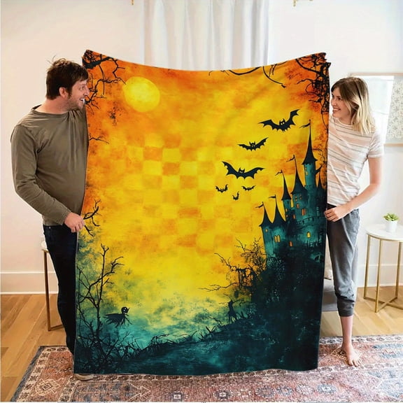 1pc Moonlit Castle Ghosts Print Blanket - Warm, Soft Flannel Throw with Vibrant Halloween Design, Perfect for Sofa, Bed, Car, Office, Camping & Travel - All-Season Gift Blanket, Halloween Decorations