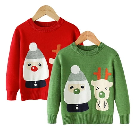 

WOLLED Kids Toddler Boys Girls Christmas Elk Sweater Cartoon Xmas Printed Clothes Cartoon Warm Pullover Knitwear Baby Crewneck Snowy Sweatshirt 2-7 Years