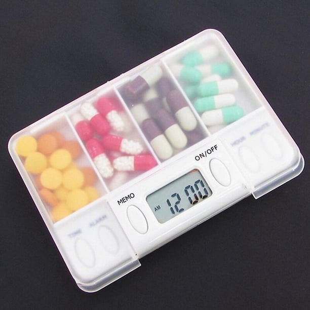 Caja de pastillas de 4 rejillas, caja de almacenamiento de medicamentos, recordatorio de sincronización electrónica, cajas de medicinas, temporizador de alarma, organizador de pastillas, contened