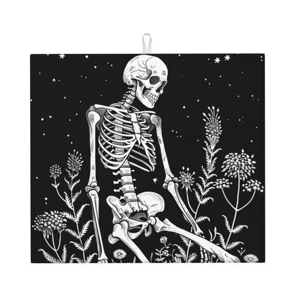 Rocae Vintage Black white Plant skull for Drying Mat for Kitchen 16*18 inch Easy to Clean Dish Rack Pad