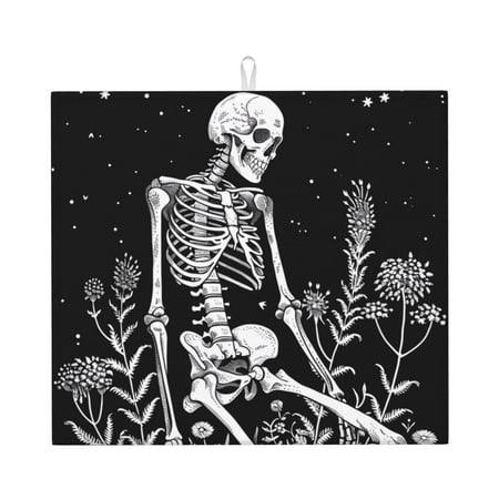 

Dish Drying Mats for Kitchen Counter Vintage Black white Plant skull 16x18in Dish Drying Pad Coffee Mat with Hanging Loop Super absorbent Kitchen Counter Mat Coffee Bar Accessories