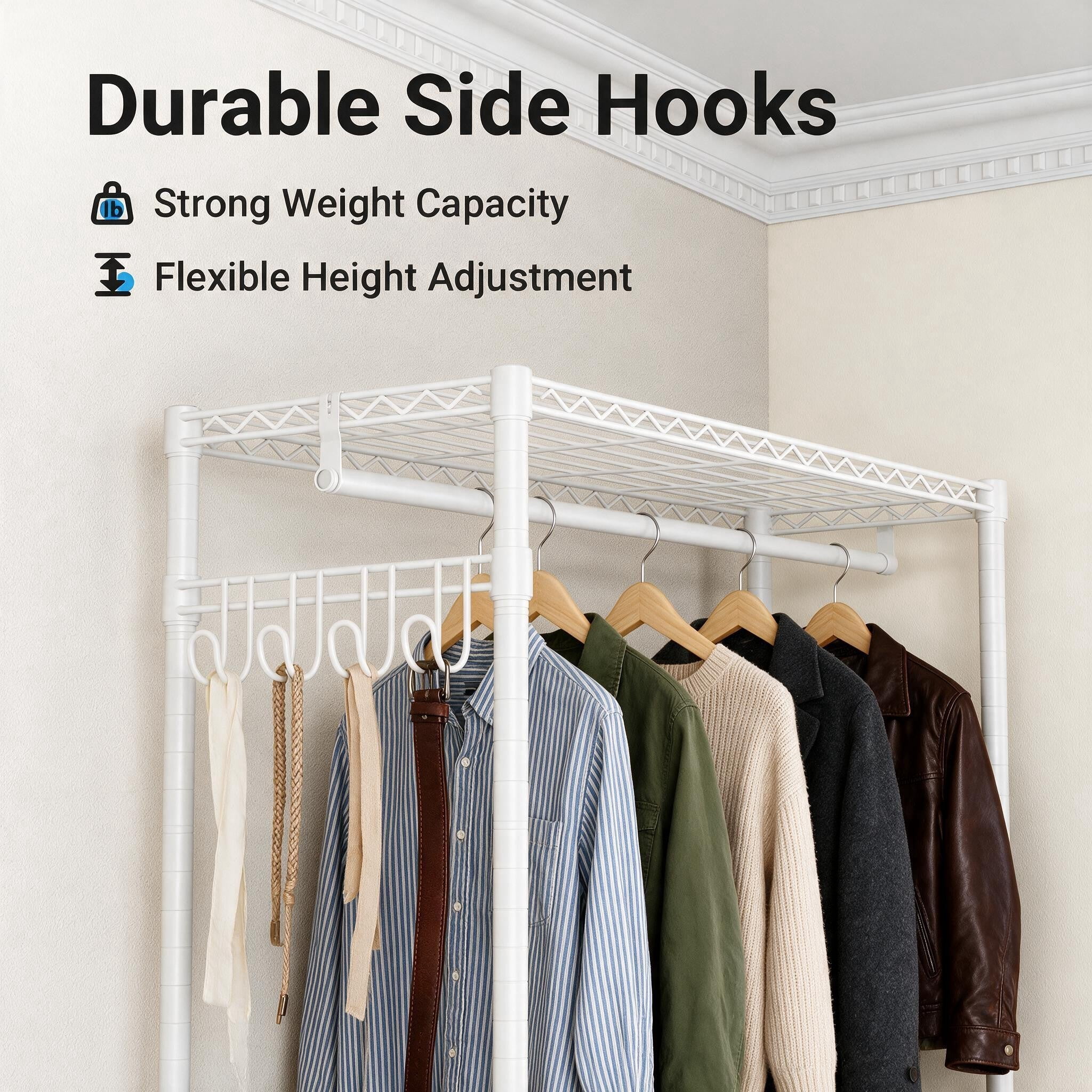Sailvan 640LBS Heavy Duty Rolling Clothes Rack, 47" Garment Rack with Wheels, Metal Freestanding Portable Closet, 2 Hanging Rods & 3 Shelves,White