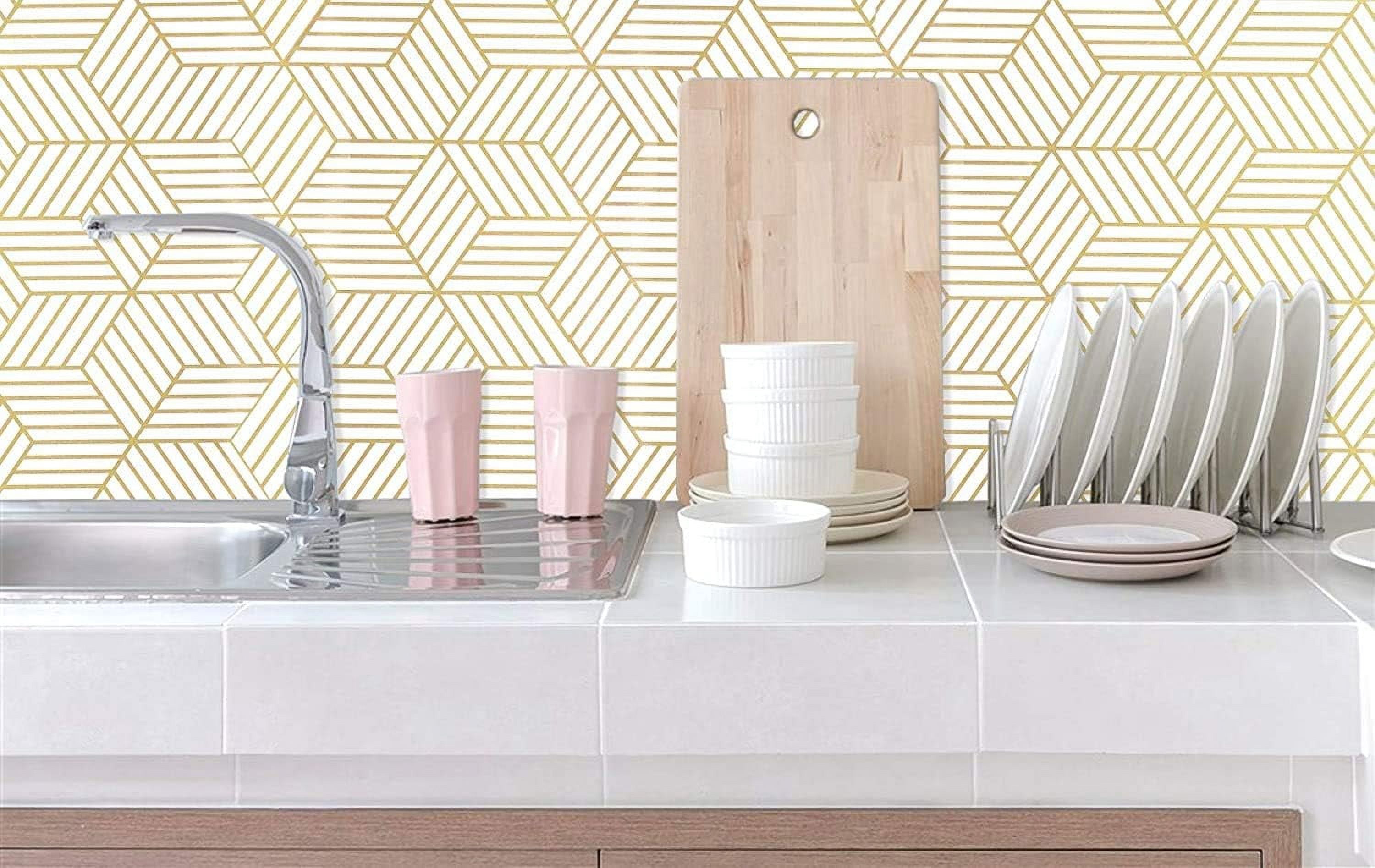 Decorative Geometric Stripes Wallpaper, Self-adhesive Removable Peel and Stick Gold White Film, Water Resistant, Easy Clean and Wide Applications for Various Surfaces