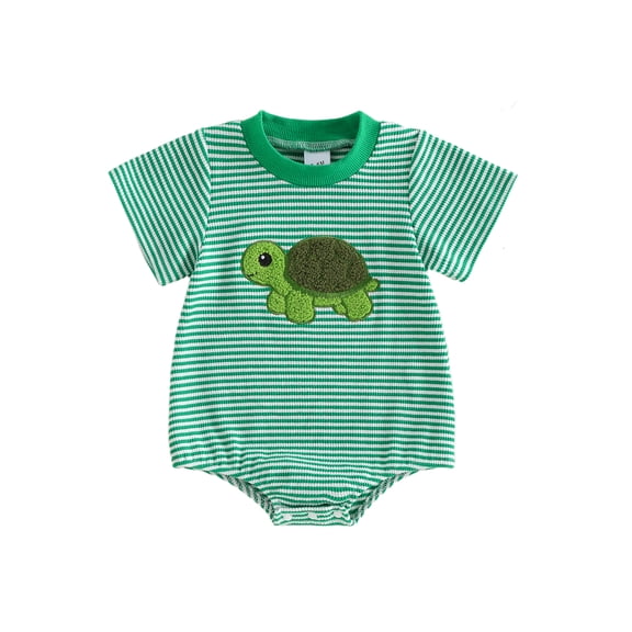 BemeyourBBs Newborn Baby Boy Girl Summer Clothes Cute Infant Baby Turtle Outfit Waffled Striped Bubble Romper Short Sleeve Turtle Embroidery Bodysuit One Piece Jumpsuit