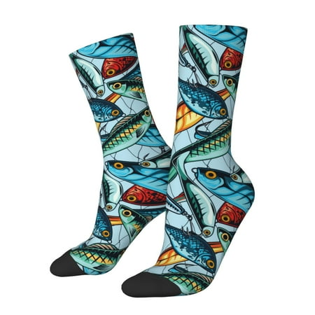Sigee Colorful Fishing Baits for Contrast Design Soft Moisture-Wicking Socks Crew Casual Athletic Stretchy Loose Middle Tube Socks
