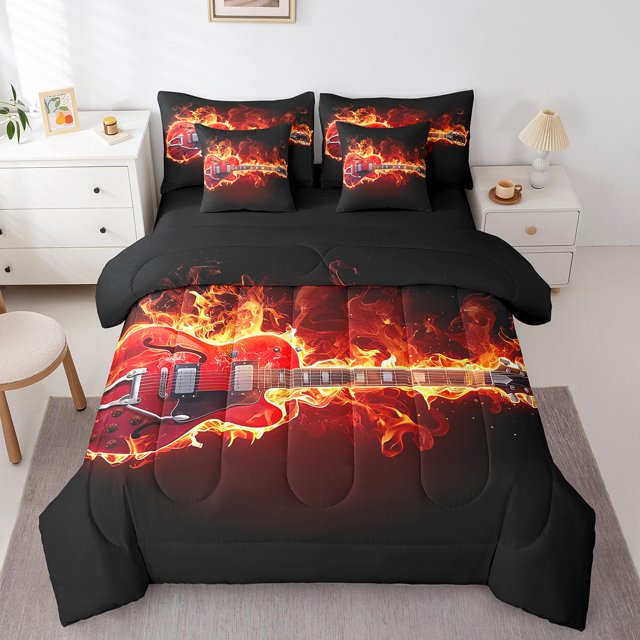 Electric Guitar Comforter Set Queen Size with Sheets -7 Pieces Bed in a Bag Music Stringed Instruments Bedding Sets,Burning Orange Fire Flame Bed Set with Comforter,Sheets,Pillowcases & Shams