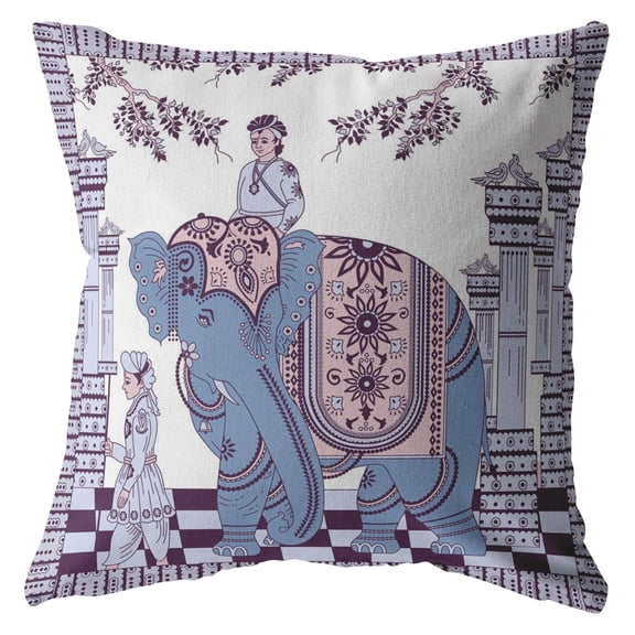 Palace Elephant Indoor/Outdoor Fabric Pillow with Zip in Blue on Purple18x18