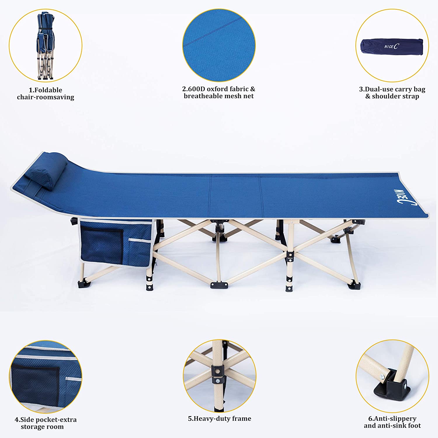 Nicec Folding Camping Cot, Sleeping Bed, Tent Cot, with Pillow, Carry Bag  Storage  Bag, Extra Wide Sturdy, Heavy Duty Holds Up to 500 Lbs, Lightweight,  Comfortable for OutdoorIndoor (Dark Blue)