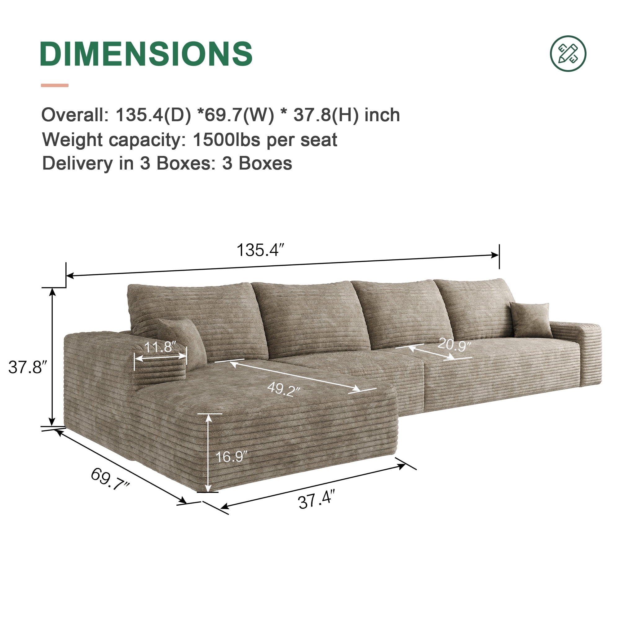 MAYEERTY 135" Cloud Sectional Couch with L-Shape Chaise, Modern Modular Deep Seat Sofa, No Assembly Plush Corduroy Fabric, Camel (3 packages)