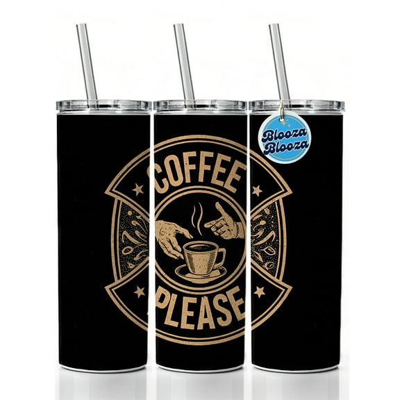 Coffee Please Black Tan 20oz Insulated Water Bottle Skinny Tumbler Includes Straw