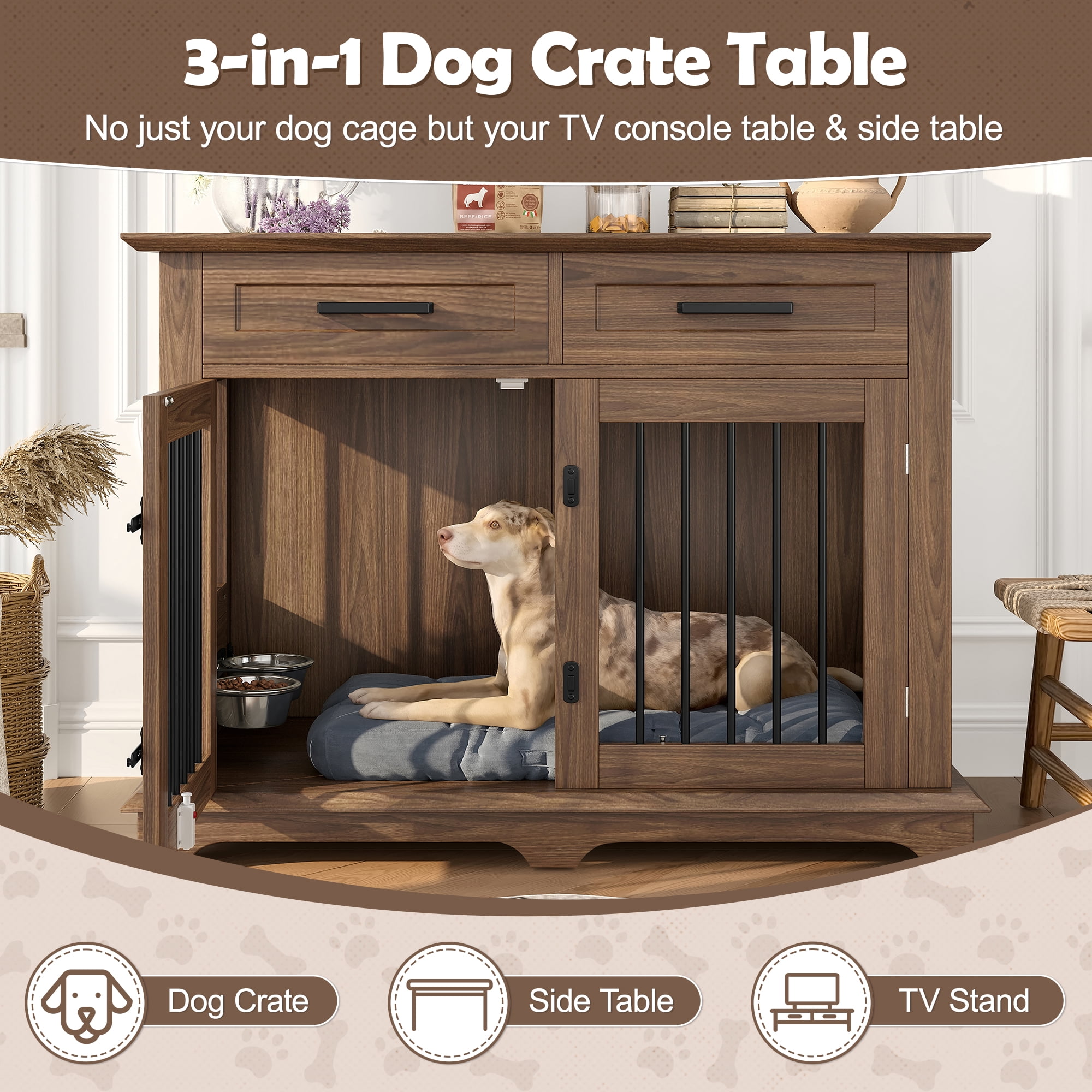 44.48" Large Dog Crate Furniture, Indoor Wooden Dog Kennel End Table with 2 Storage Drawers and Rotating Bowls, Decorative Pet Cage Dog House for Medium Dogs