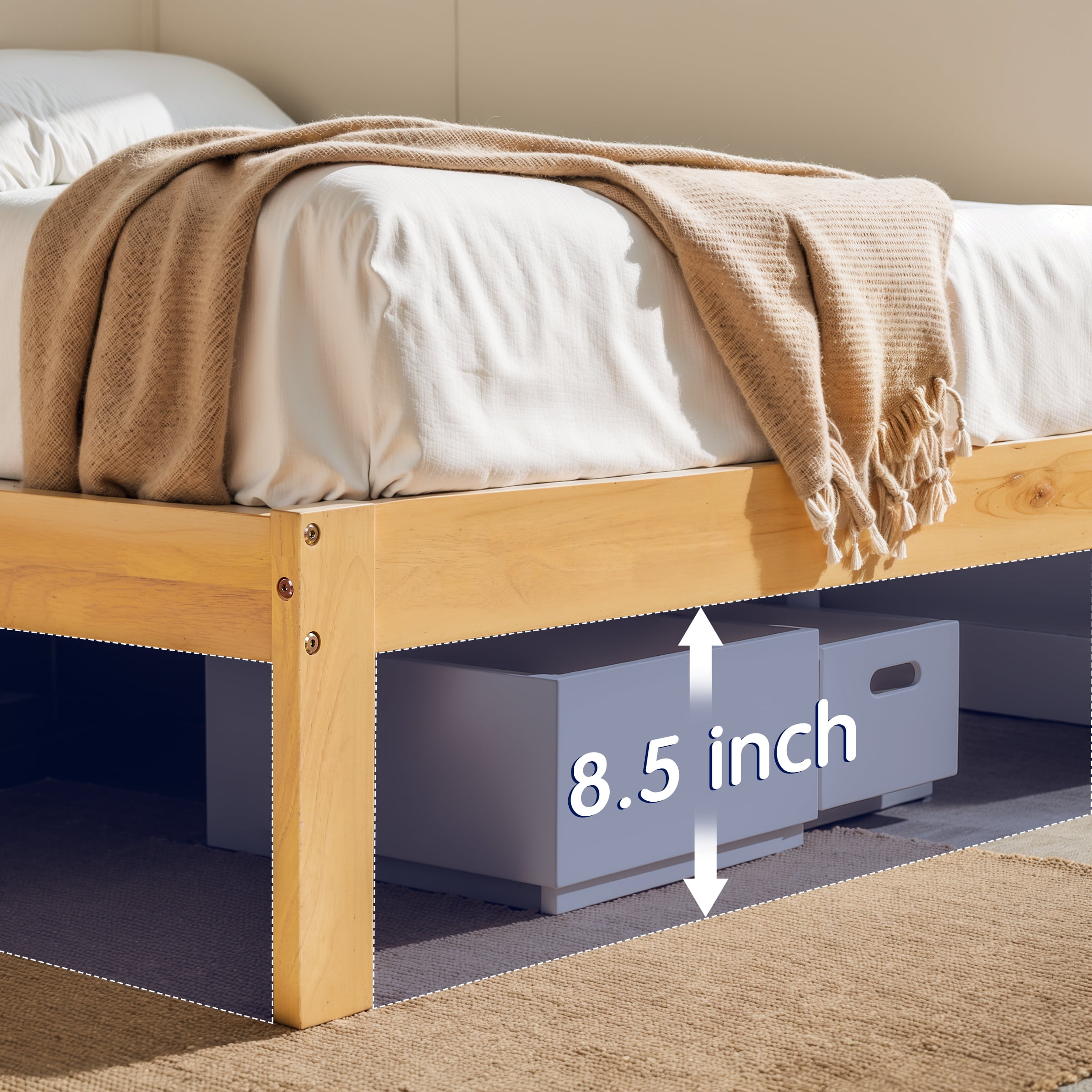 Subrtex 12" Solid Wood Platform Bed Frame with Headboard, Natural Wood, King