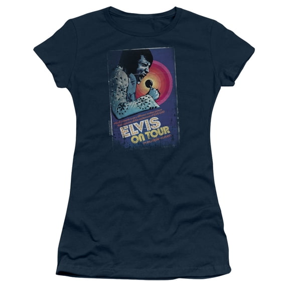 Trevco  Elvis Presley & on Tour Poster Juniors Sheer Cap Short Sleeve T-Shirt, Navy - Small