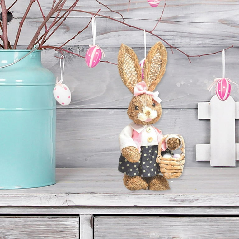 Cute Easter Straw Bunny Standing Rabbit Statue Sculpture Easter Theme Party Supplies Desktop Wedding Home Decoration Kids Toys D, Size: Medium