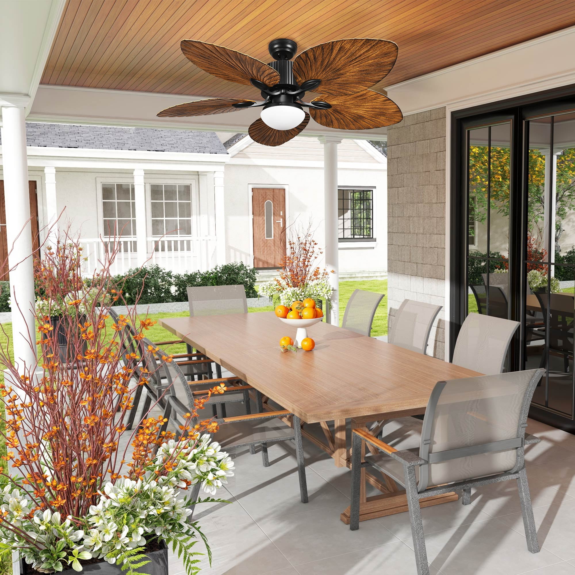 Uforic 52-Inch Tropical Ceiling Fan with LED Light and Remote,5 Palm Leaf Blades ceiling fan - Brown