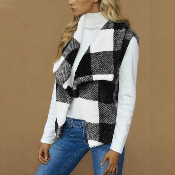 Ofreoo Women's winter Plaid Printsleeveless jacket cardigan Open Front TeddyCoat Cardigan Sweaters for Women Great Gifts for Less