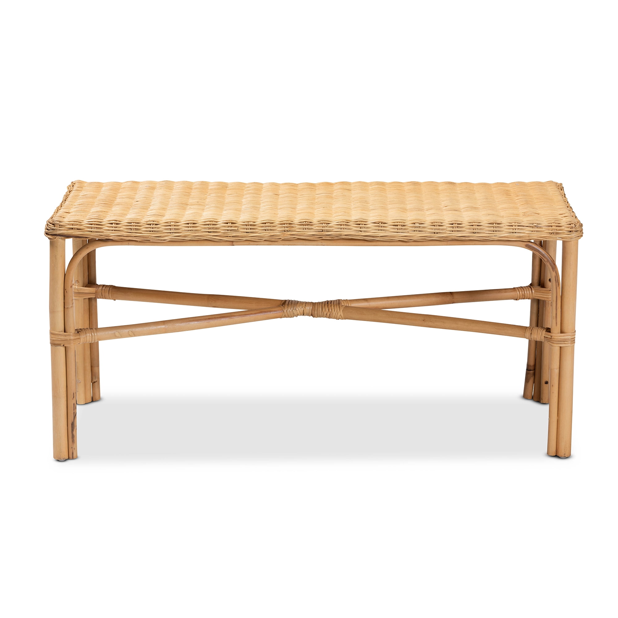 bali & pari Cacaban Natural Rattan Bohemian Accent Bench with Crisscross Base, Natural Brown