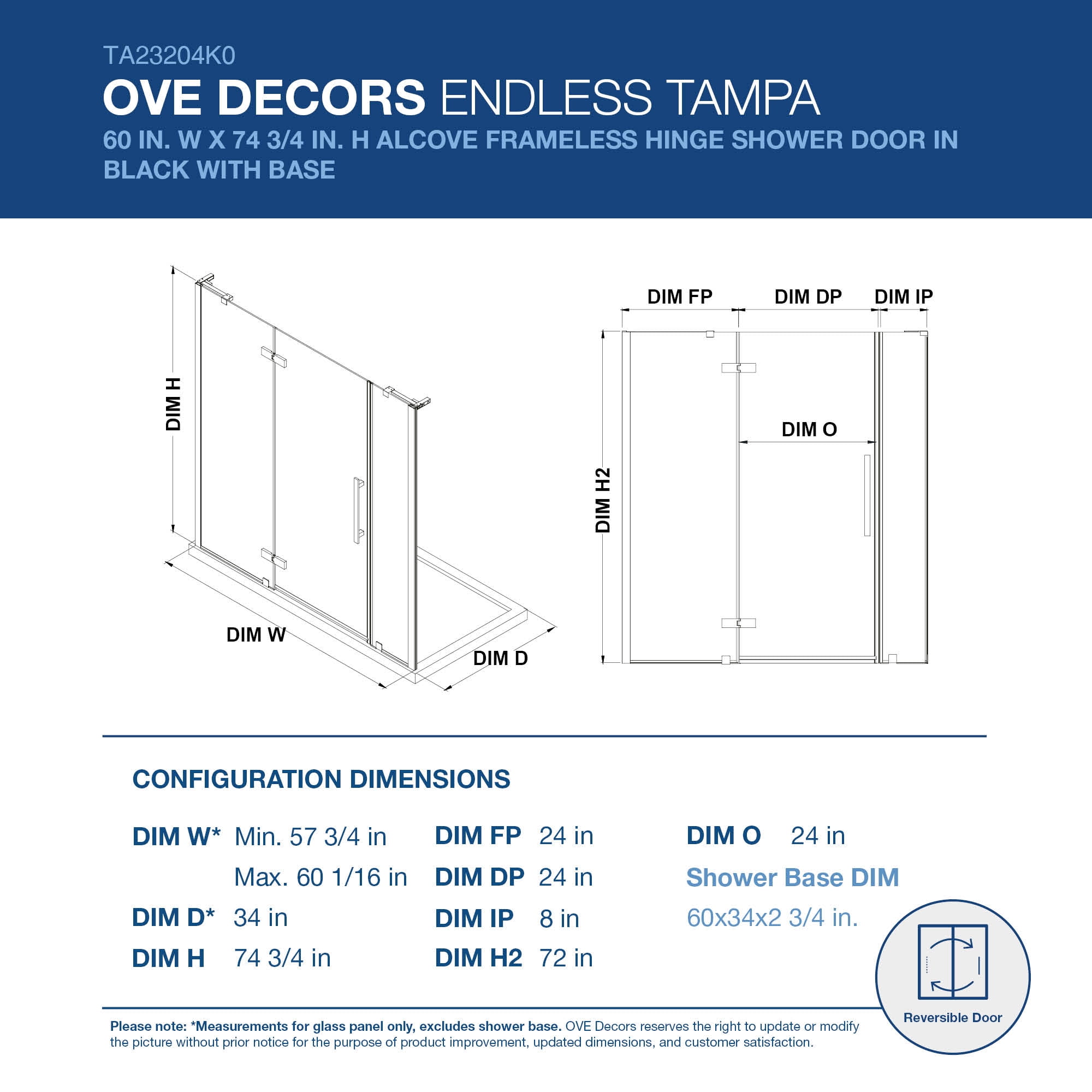 Ove Decors Tampa 60 in. L x 34 in. W x 72 in. H Alcove Shower Kit with Pivot Frameless Shower Door in Black and Shower Pan