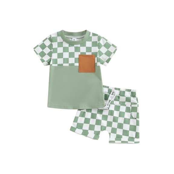 Bslissey Toddler Baby Boy Summer Clothes Checkerboard Print Short Sleeve T-Shirt   Elastic Waist Shorts 2Pcs Casual Outfits Infant Short Pants Set 6M 12M 18M 24M 3T 4T