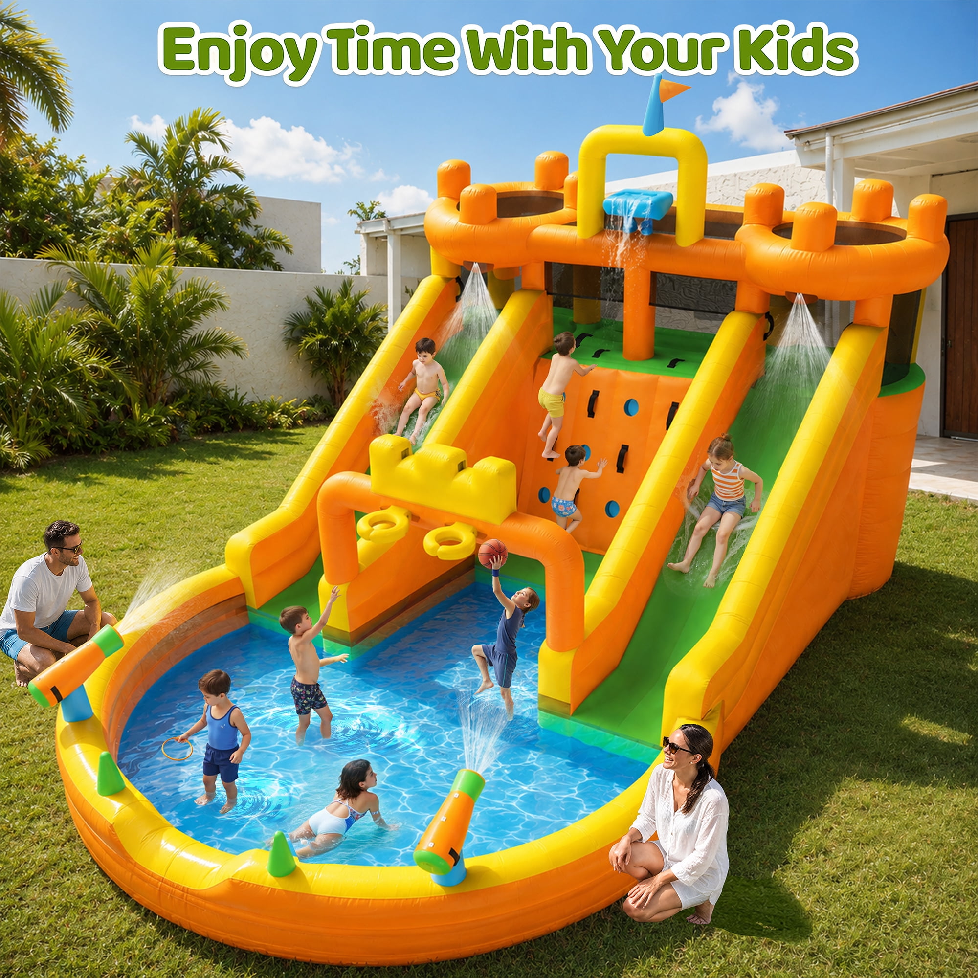 INFLATEFLY Inflatable Water Park 10 in 1 Multifunctional with Double Slides, Climbing Wall, 2 Basketball Hoops, Dual Water Cannons