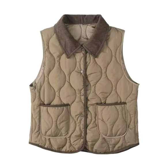 Htigea Women's Quilted Jackets Contrast Color Sleeveless Lapel Vest Lightweight Fall Waistcoat Snap Button Coats with Pockets Khaki XXL