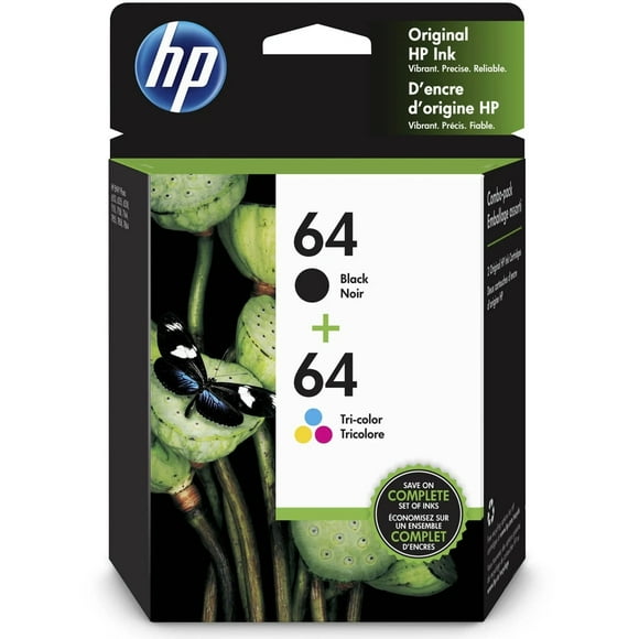Original HP 64 Black/Tri-color Ink Cartridges (2-pack) | Works with HP ENVY Inspire 7950e; ENVY Photo 6200, 7100, 7800; Tango Series | Eligible for Instant Ink | X4D92AN