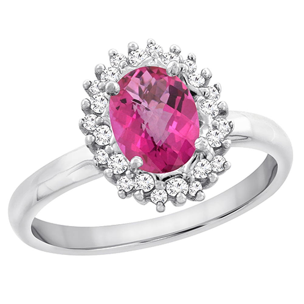 10K White Gold Diamond Natural Pink Sapphire Engagement Ring Oval 7x5mm, size 5 by Gabriella Gold