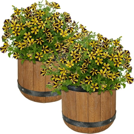 12 Inch Barrel Front - Sunnydaze Vineyard Fiber Clay Classic Barrel Planter Flower Pot, Durable Indoor/Outdoor 12-Inch Set of 2