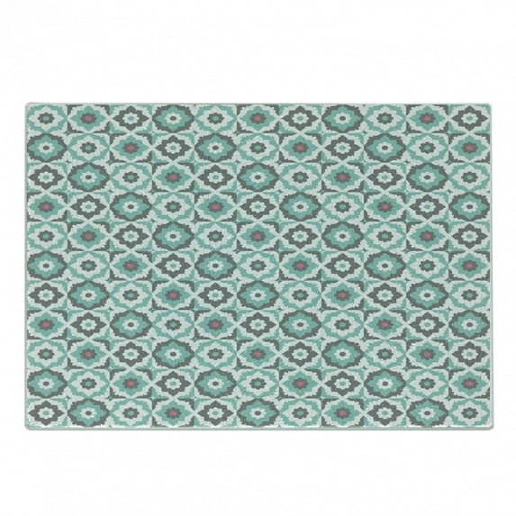 Quatrefoil Cutting Board, Old Fashioned Style Mosaic with Simple Pastel Daisies Spanish Flowers, Decorative Tempered Glass Cutting and Serving Board, Small Size, Turquoise Grey White, by Ambesonne