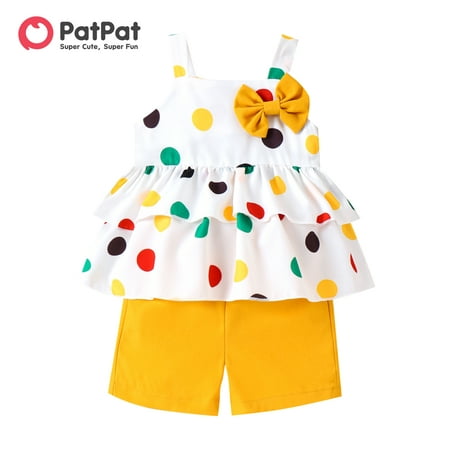 

PatPat 2pcs Baby Girl Allover Polka Dots Print Bow Decor Cami Top and Solid Shorts Set