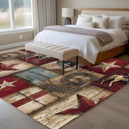 6x9 Washable Area Rug Western Texas Non-Slip Large Rectangle Rug for Living Room Dining Room Star Cowboy Wood Grain Distressed Patchwork Indoor Floor Mat for Home Decor