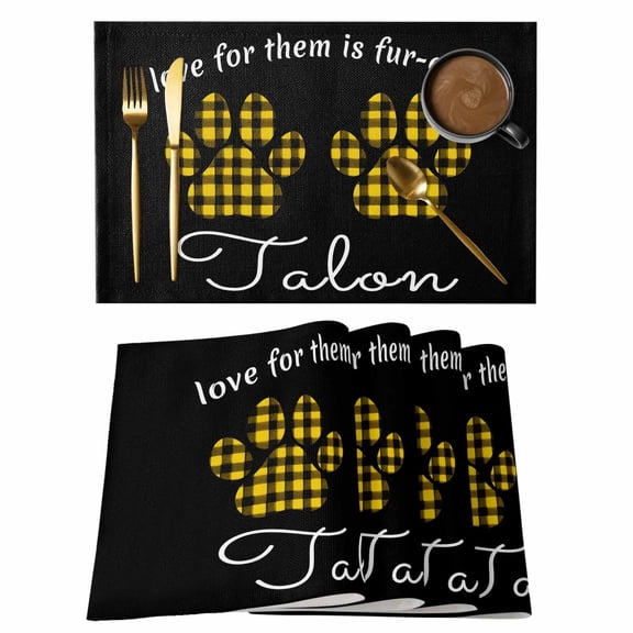 Cats Pawprints Placemats Set of 6, Yellow Black Buffalo Plaid Pets Paw Placemats for Dining Table, Place Mats for Kitchen Tabletop, Waterproof Wipeable Dining Table Mats Set