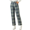 thumbnail image 1 of Pantalones largos rectos de cintura elástica con botones y cremallera de cuadros para mujer INSPIRE CHIC en gris y azul, 1 of 6