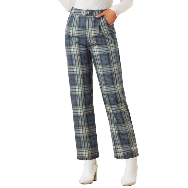 Pantalones largos rectos de cintura elástica con botones y cremallera de cuadros para mujer INSPIRE CHIC en gris y azul