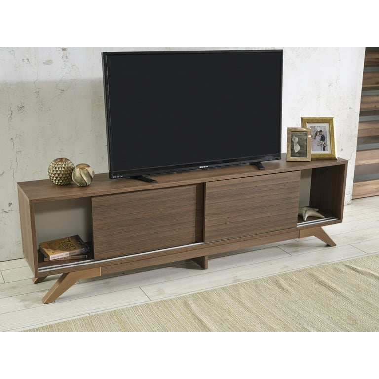 Modern TV Stand Console With Sliding Doors & Storage - 63" Wide Entertainment Center For Living Room (Walnut)