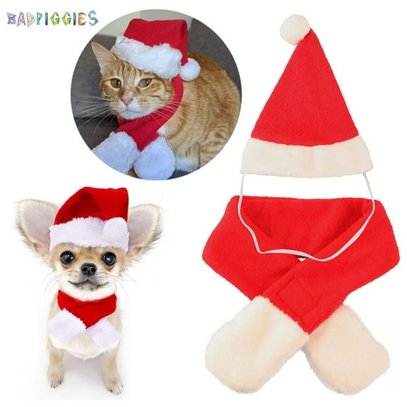 BadPiggies 2-Piece Dogs Cats Scarf Hat Set Christmas Costume, Red Velvet Scarf Hat Warm Winter Clothes Xmas Party Apparel for Puppy Kitten, L
