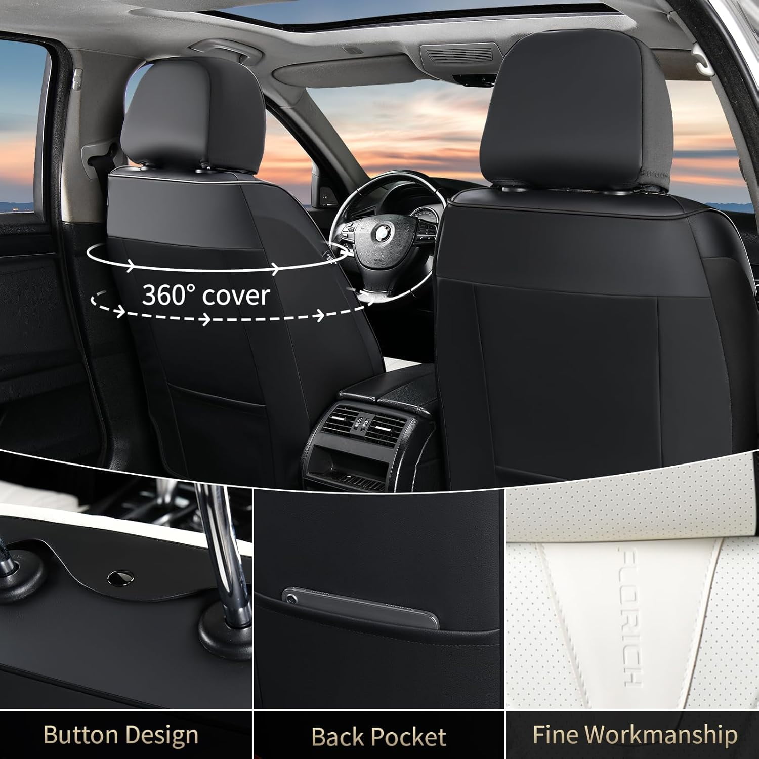 FLORICH Front Pair Car Seat Covers, Premium Faux Leather Seat Protectors, Breathable Material Cushions Universal Fit for Most Cars, Black & Withe