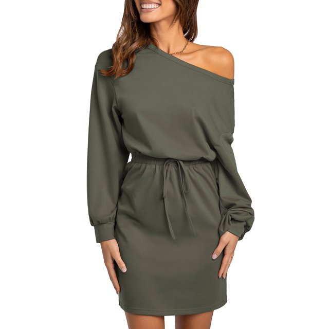 Vestido, Vestido de mujer de manga larga con cintura elástica vestido casual de otoño Tomshoo Verde/Extragrande