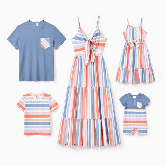 PatPat Family Matching Blue Short-sleeve Tee or Colorful Stripe Camisole Dress